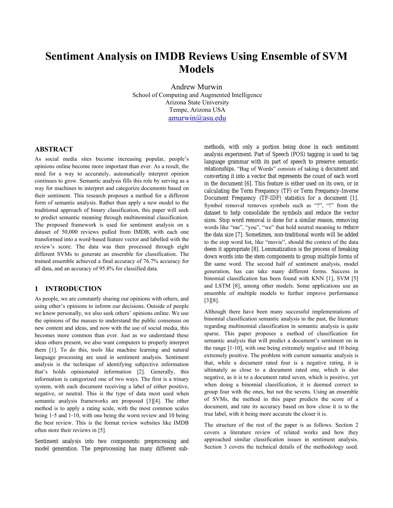 Sentiment Analysis on IMDB Reviews Using Ensemble of SVM Models